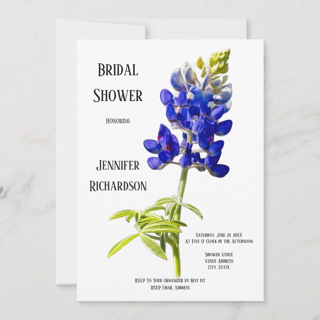 Invitación Floral azul sobre blanco, ducha de novia Boda, (Anverso)