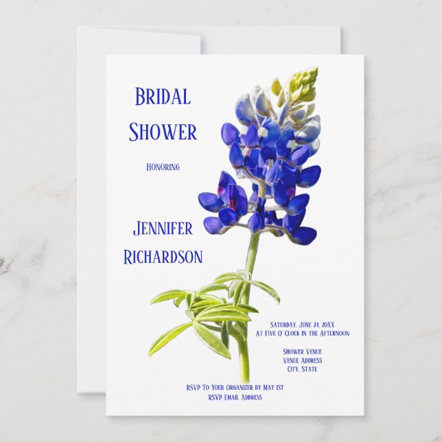Invitación Floral azul sobre blanco, ducha de novia Boda, (Anverso)