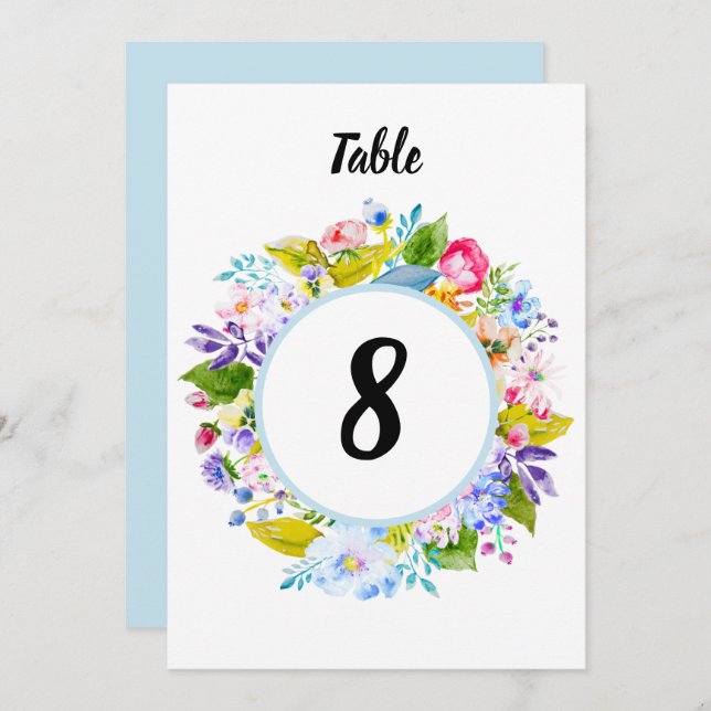 Invitación Floral azul suave Boda romántico número de tabla (Anverso / Reverso)