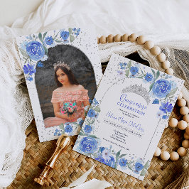 Invitación Floral azul tiara princesa Quinceanera