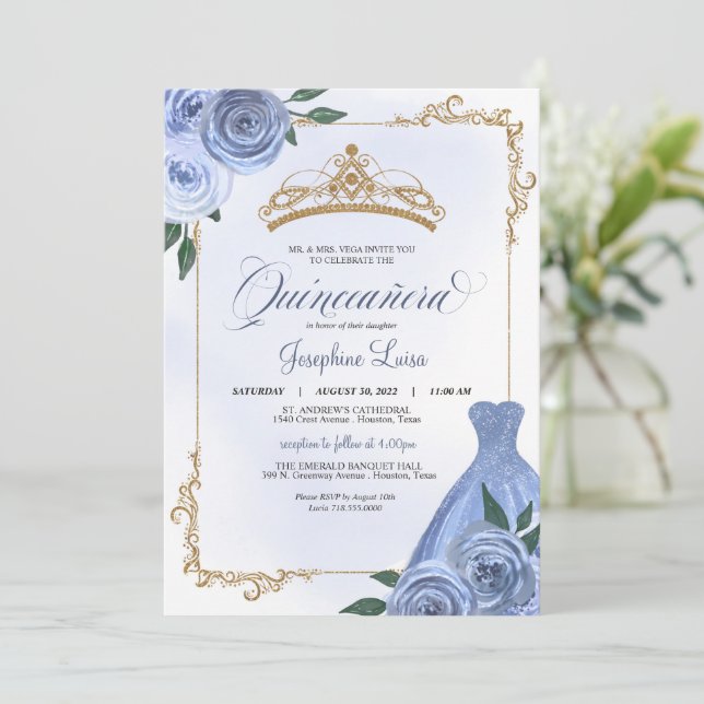 Invitación Floral azul Tiara Quinceañera (Anverso de pie)