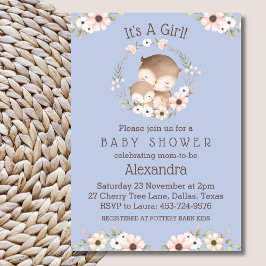 Invitación Floral azul turbia es un Baby Shower de búho Chica