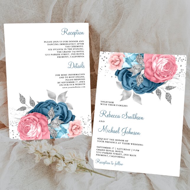 Invitación Floral azul turbia rosa Rubor en un solo Boda (Subido por el creador)
