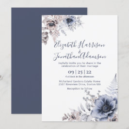 Invitación Floral azul turbio acuarela| Boda azul de pizarra