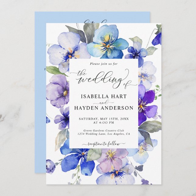 Invitación Floral azul turbio morado todo en 1 Boda de código (Anverso / Reverso)