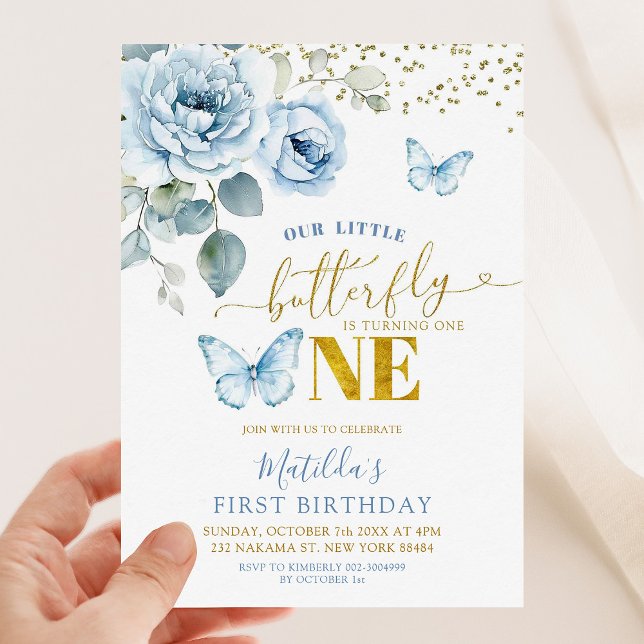 Invitación Floral azul turbio nuestra mariposa volteando una (Subido por el creador)