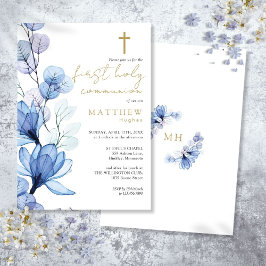 Invitación Floral azul turbio, transparente, primera comunión