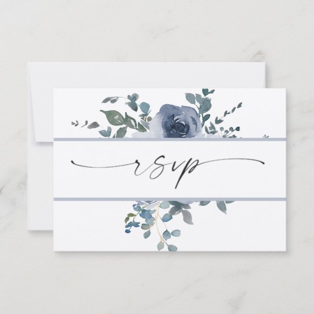 Invitación Floral azul turbio y boda negra RSVP (Anverso)