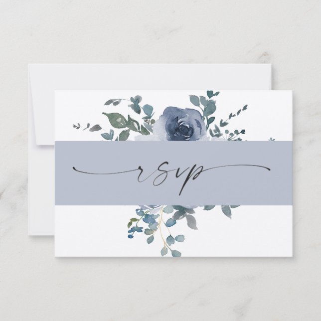 Invitación Floral azul turbio y boda negra RSVP (Anverso)