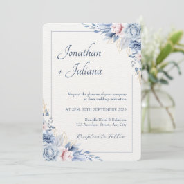 Invitación Floral azul turbio y color de agua Rubor