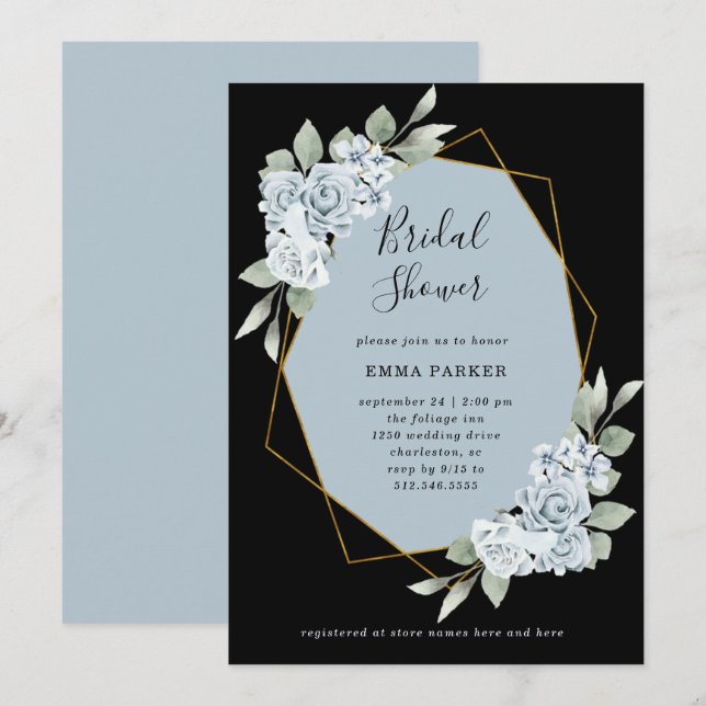 Invitación Floral azul turbio y eucalipto | Ducha de novia (Anverso / Reverso)