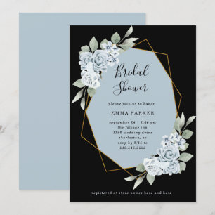 Invitación Floral azul turbio y eucalipto   Ducha de novia