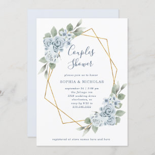 Invitación Floral azul turbio y eucalipto   Ducha de pareja