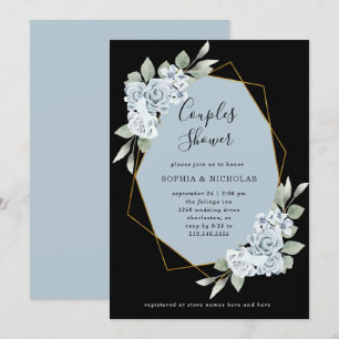 Invitación Floral azul turbio y eucalipto   Ducha de pareja