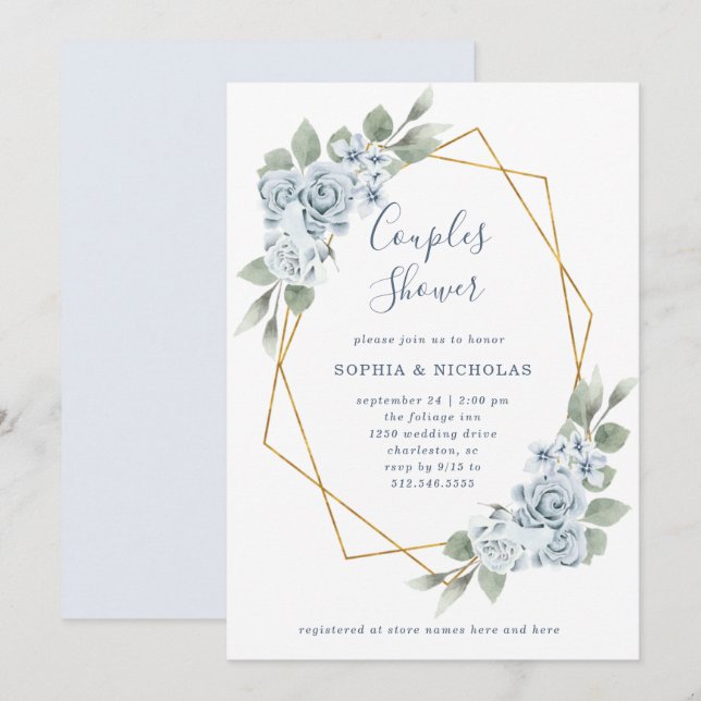 Invitación Floral azul turbio y eucalipto | Ducha de parejas (Anverso / Reverso)
