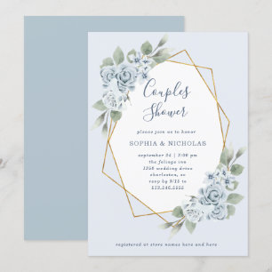 Invitación Floral azul turbio y eucalipto   Ducha de parejas