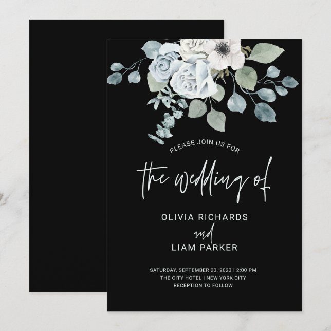 Invitación Floral azul turbio y eucalipto sobre Boda negro (Anverso / Reverso)