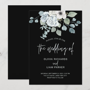 Invitación Floral azul turbio y eucalipto sobre Boda negro