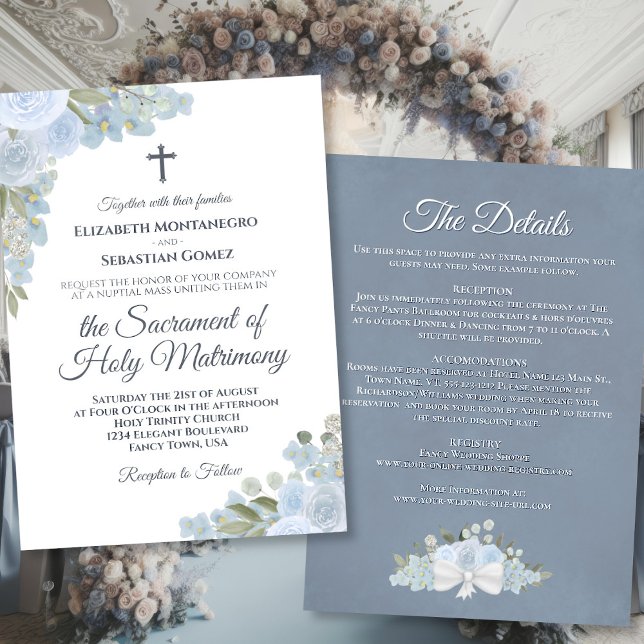 Invitación Floral azul turquesa con detalles Boda católico (Front/Back)