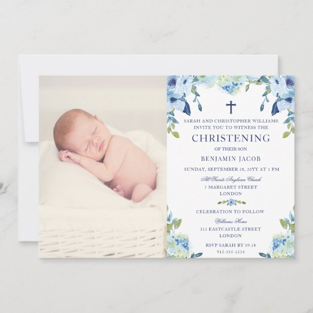 Invitación Floral azul turquesa con foto cristiana (Anverso)