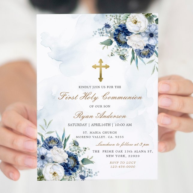 Invitación Floral azul turquesa primera comunión sagrada (Subido por el creador)