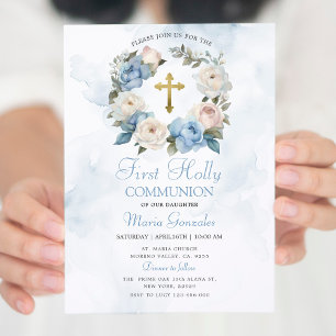 Invitación Floral azul turquesa primera comunión sagrada