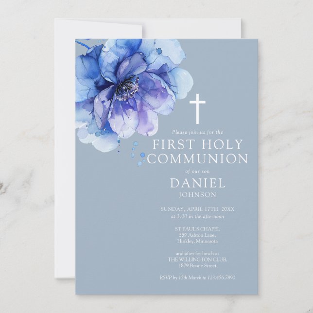 Invitación Floral azul turquesa primera comunión sagrada (Anverso)