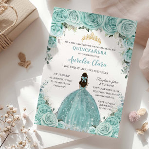 Invitación Floral azul turquesa Princesa Dorada Quinceañera