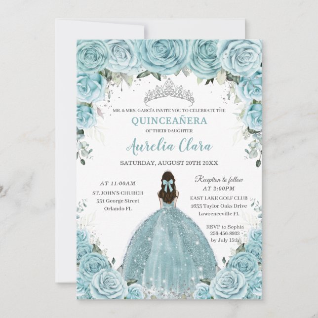 Invitación Floral azul turquesa Princesa Plata Quinceañera (Anverso)