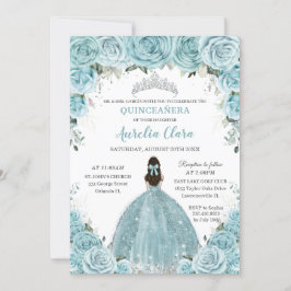 Invitación Floral azul turquesa Princesa Plata Quinceañera