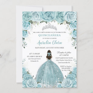 Invitación Floral azul turquesa Princesa Plata Quinceañera