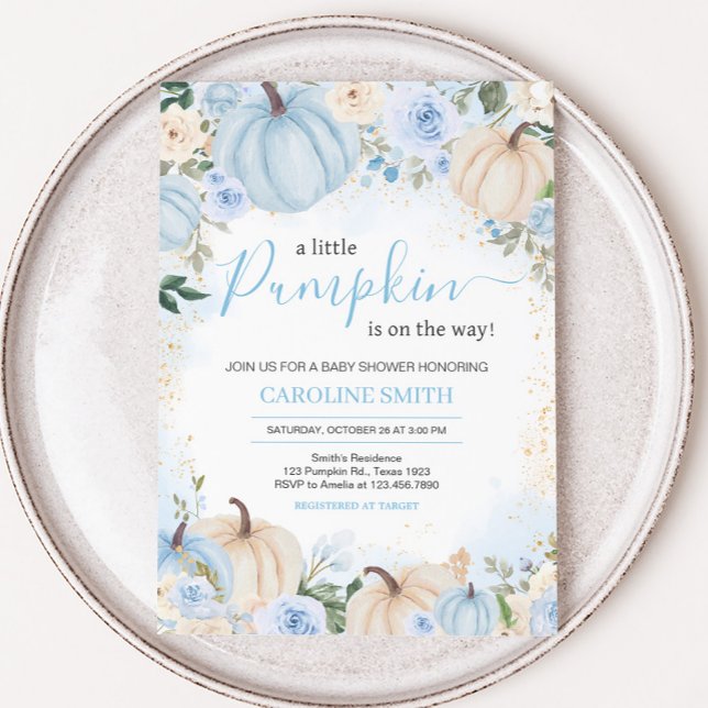 Invitación Floral azul vegetación Pequeña Calabaza Baby Showe (Greenery Floral Pumpkin Invitation)
