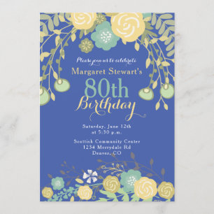 Invitación Floral azul verde amarillo amarillo azul real 80 c