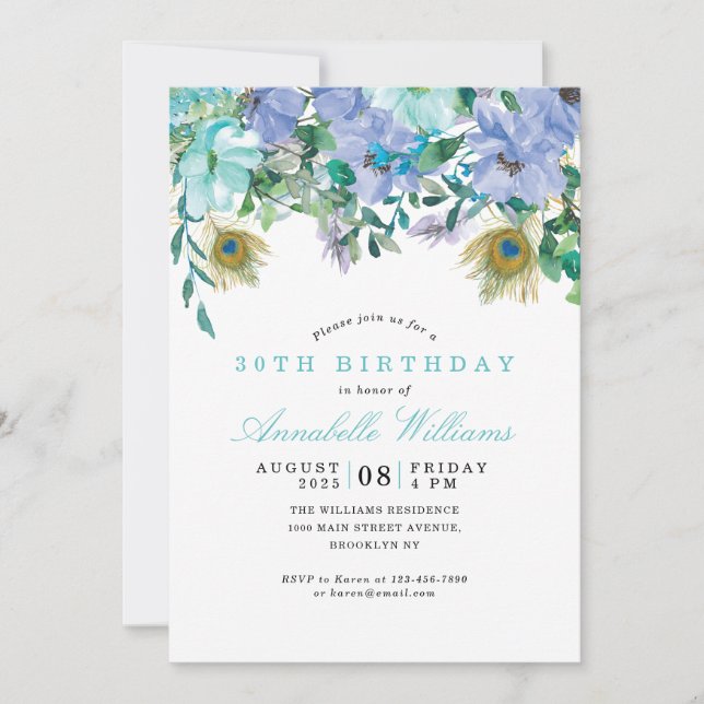 Invitación Floral azul verde azul rustica Boho Mint cumpleaño (Anverso)