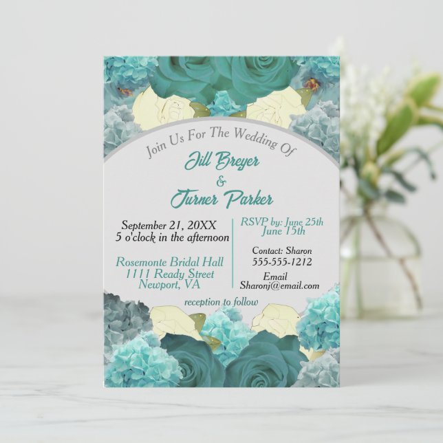 Invitación Floral azul verde azulada y Rosa elegante matrimon (Anverso de pie)