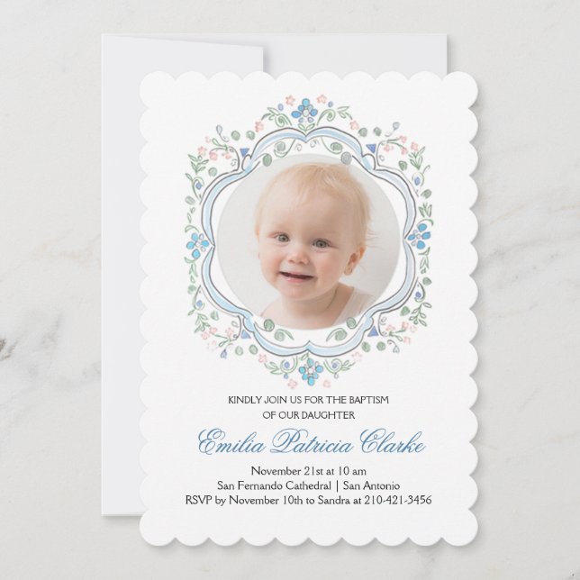Invitación Floral Azul Verde Rosa Baptismo Simple (Anverso)