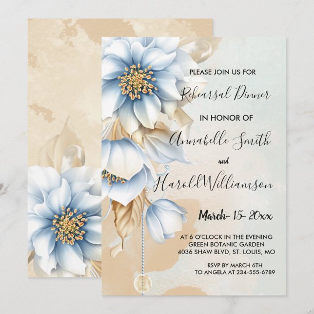 Invitación Floral azul vintage (Anverso / Reverso)