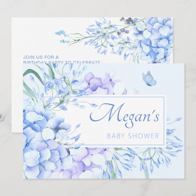 Invitación Floral azul violeta floral elegante ducha de bebé (Anverso / Reverso)
