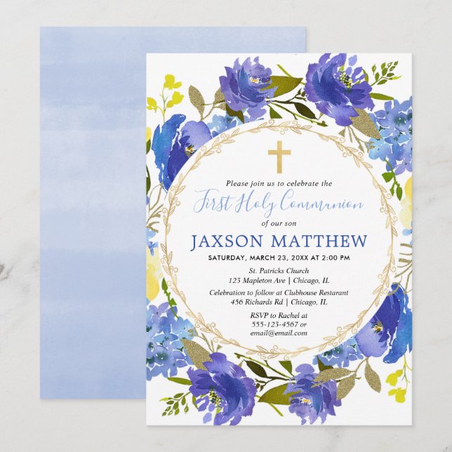 Invitación Floral azul y amarilla Primera Comunión Santa (Anverso / Reverso)