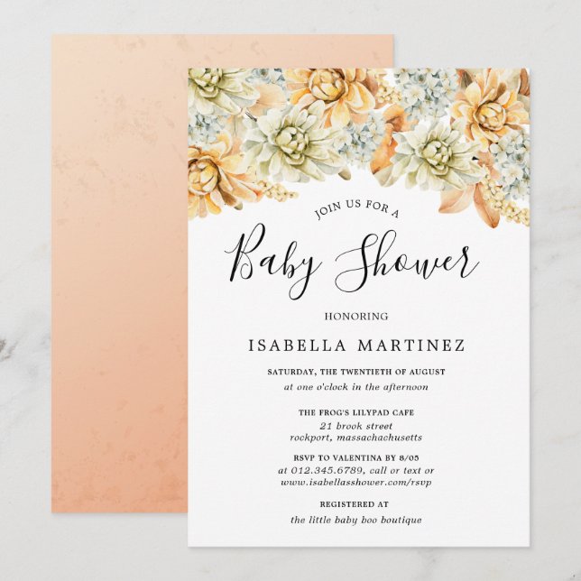 Invitación Floral azul y azul turbio de otoño en Baby Shower (Anverso / Reverso)