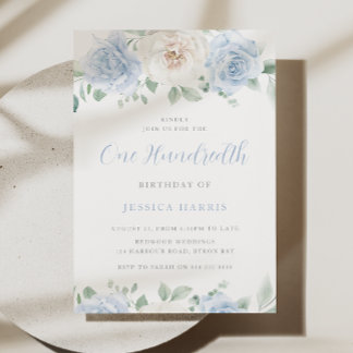 Invitación Floral azul y blanca 100 cumpleaños
