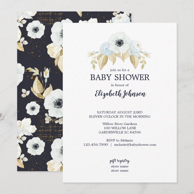 Invitación Floral azul y blanca de primavera en Baby Shower d (Anverso / Reverso)