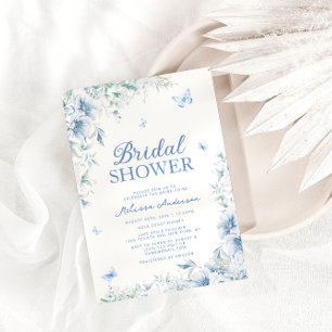 Invitación Floral azul y blanca elegante ducha de novia