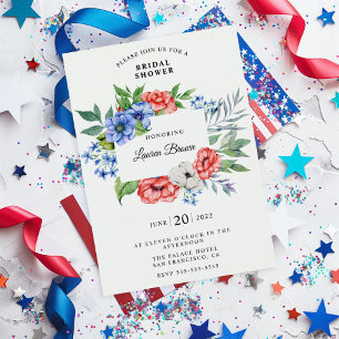 Invitación Floral azul y blanca roja patriótica ducha de novi