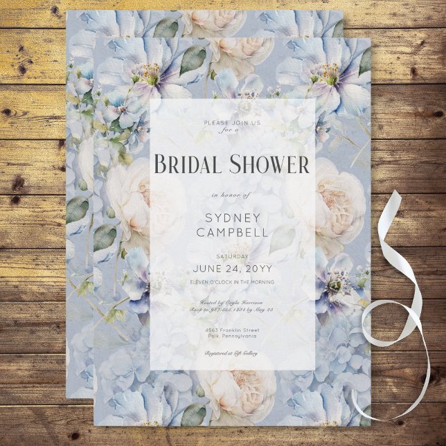 Invitación Floral azul y blanca Rústica Romántica Ducha Brida (Blue & White Floral Rustic Romantic Bridal Shower Invitation)