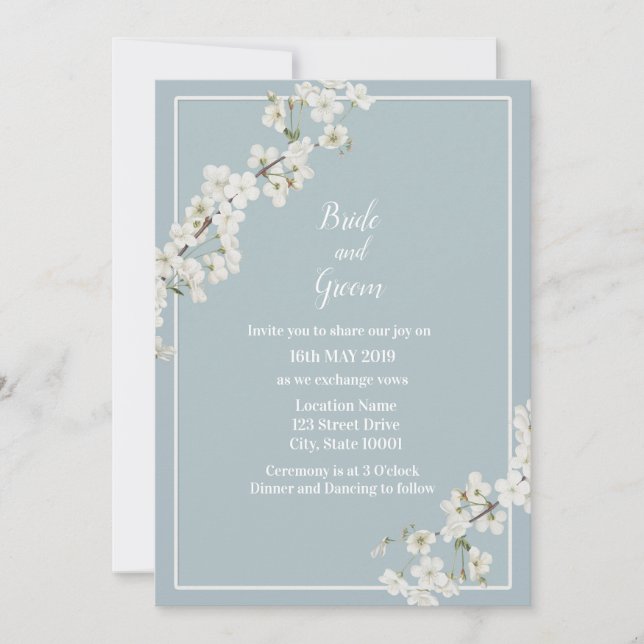Invitación floral azul y blanca turbia (Anverso)