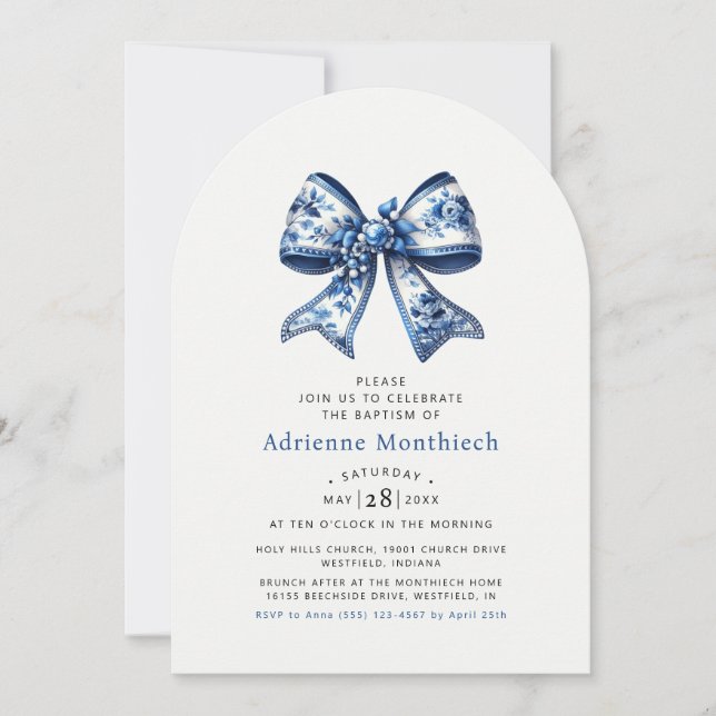 Invitación Floral azul y blanco arcos elegantes de arca crema (Anverso)
