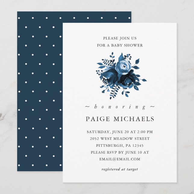 Invitación Floral azul y blanco clásico con puntos (Anverso / Reverso)
