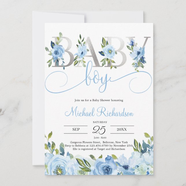 Invitación Floral azul y Boho Relieve metalizado plateado (Anverso)