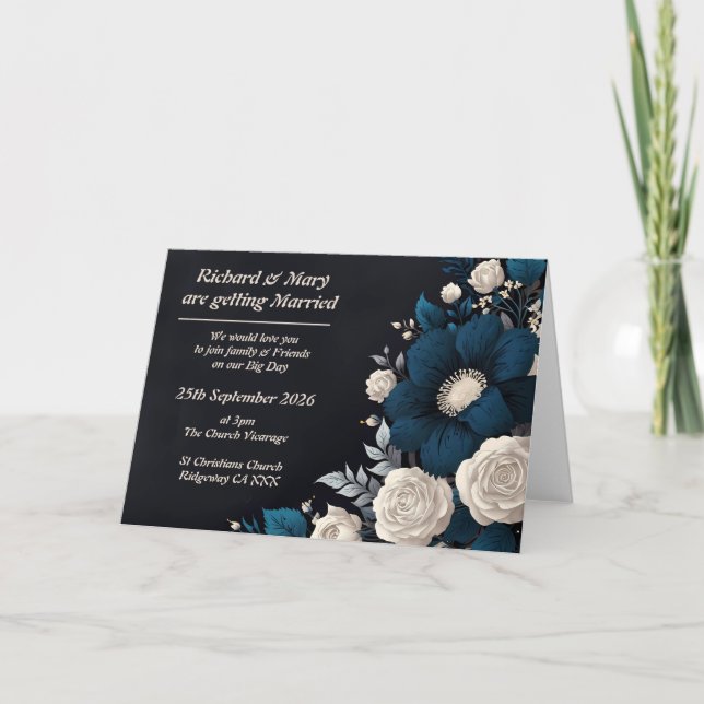Invitación floral azul y crema doblada (Anverso)